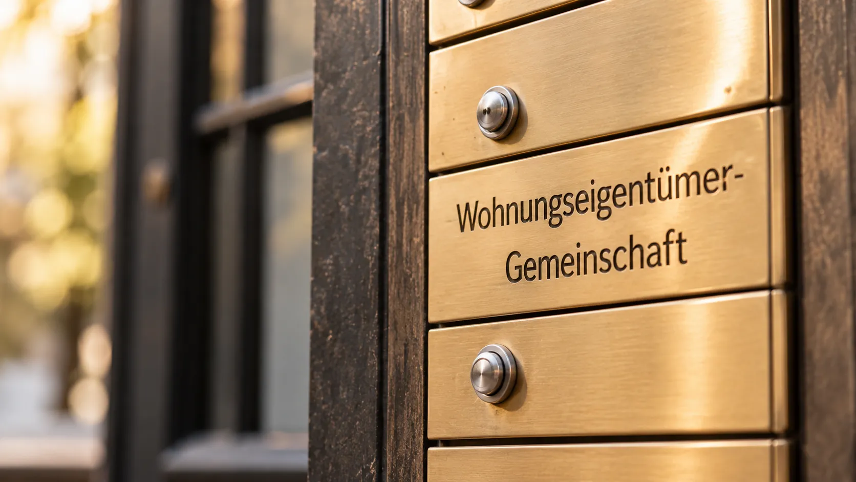 Detailaufnahme einer Hauseingangstafel mit Wohnungseigentümergemeinschaft