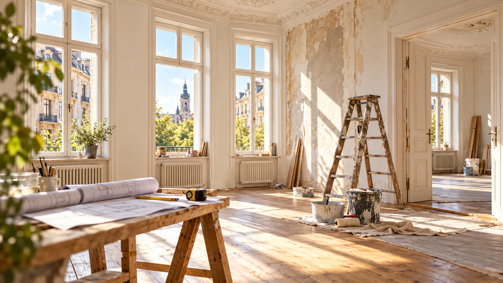 Heller Altbau während einer Renovierung mit Leiter und Werkzeug