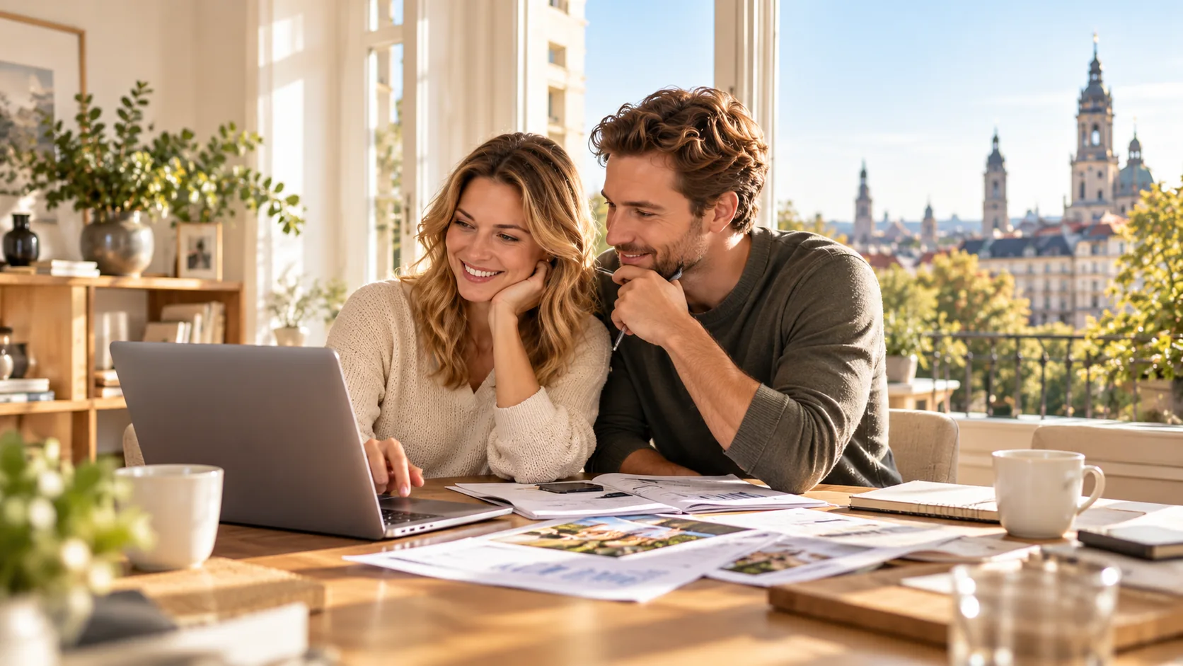 Paar prüft gemeinsam Finanzierungsunterlagen am Laptop