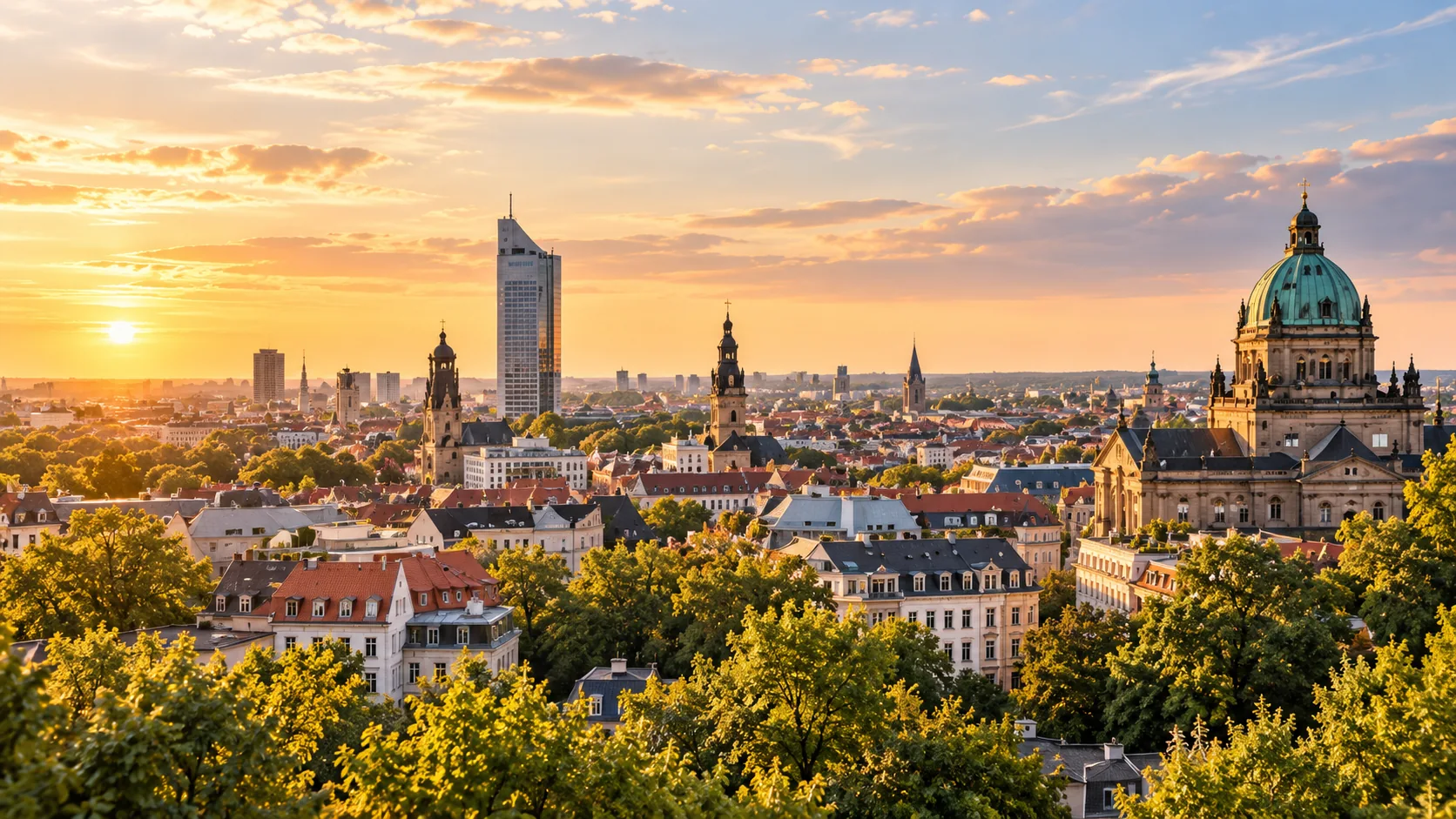 Illustrative Skyline mit historischen und modernen Gebäuden im Abendlicht