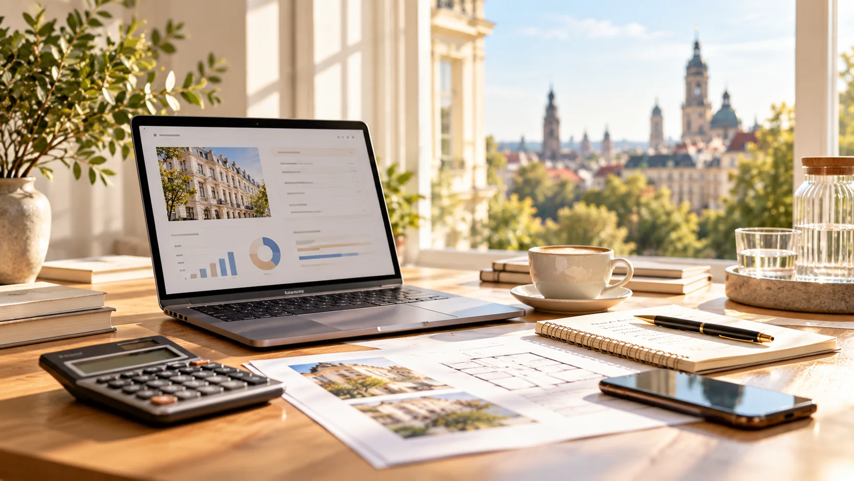 Schreibtisch mit Laptop, Taschenrechner und Finanzierungsunterlagen